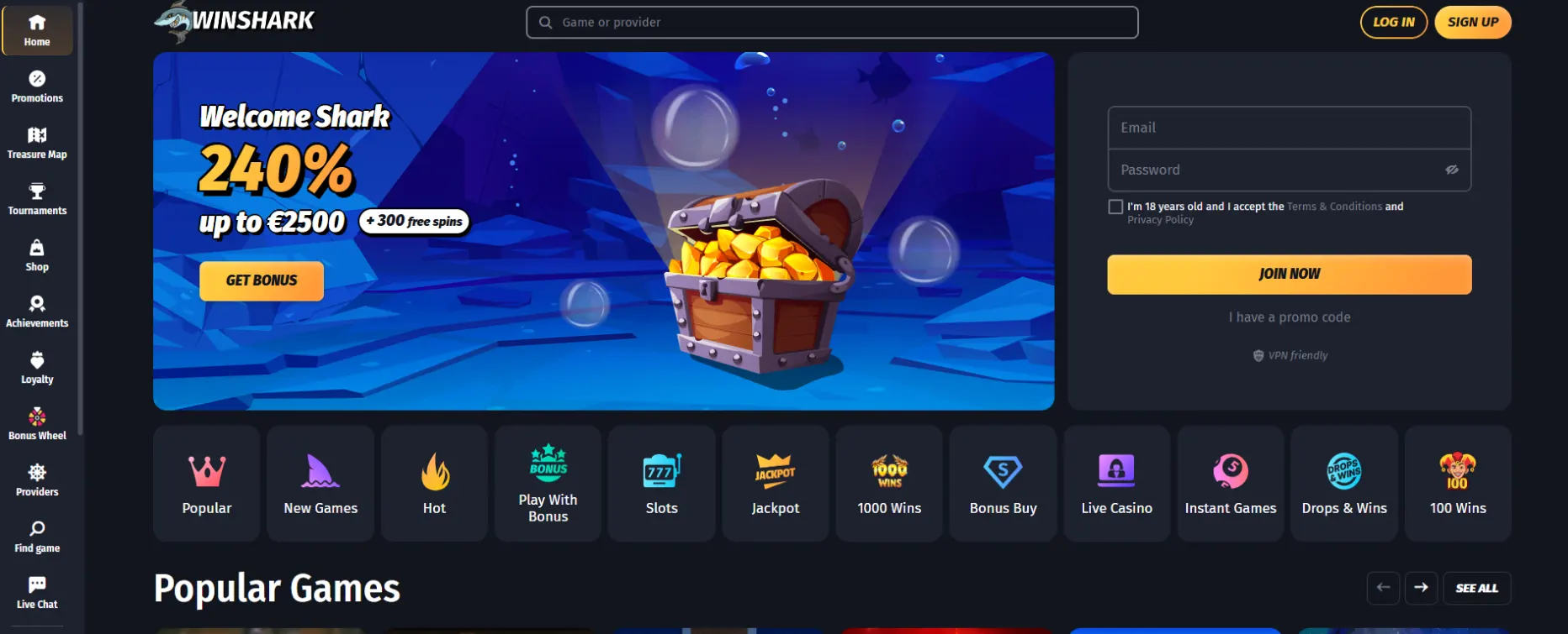 Winshark Casino Screen